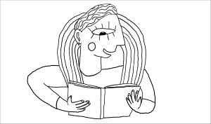 Kleurplaat met afbeelding van non-binaire persoon die leest in een regenboogboek