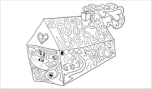 Kleurplaat met daarop rijk gedecoreerd schoolgebouw met hartjes uit de schoorsteen, inclusieviteitssymbolen op de muren en de tekst: school voor iedereen 